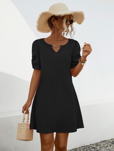 Blue Zone Planet | Chain Notched Short Sleeve Dress BLUE ZONE PLANET
