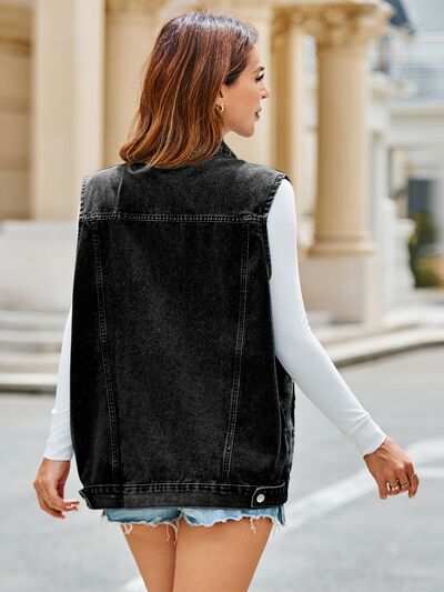 Pocketed Button Up Sleeveless Denim Jacket Trendsi