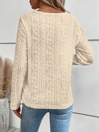 Blue Zone Planet | Openwork Half Button Long Sleeve Blouse BLUE ZONE PLANET
