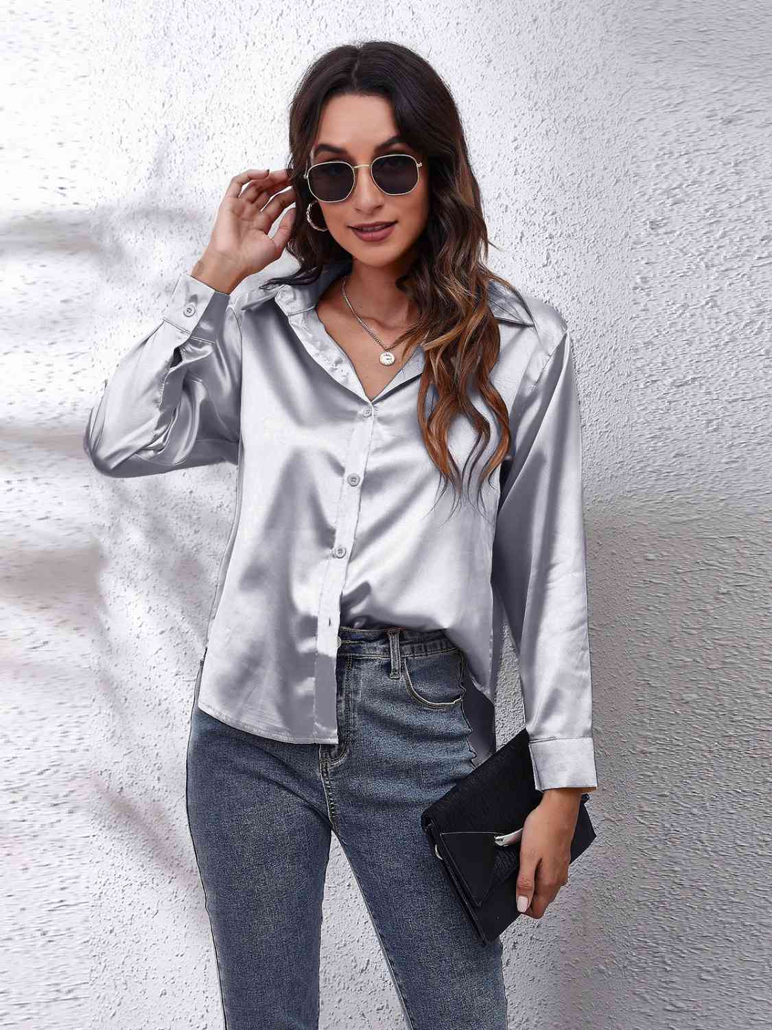Collared Neck Buttoned Long Sleeve Shirt BLUE ZONE PLANET