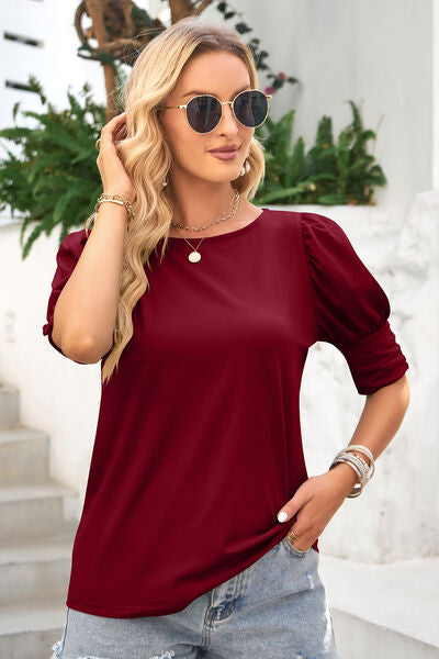 Blue Zone Planet | Round Neck Lantern Sleeve Blouse BLUE ZONE PLANET