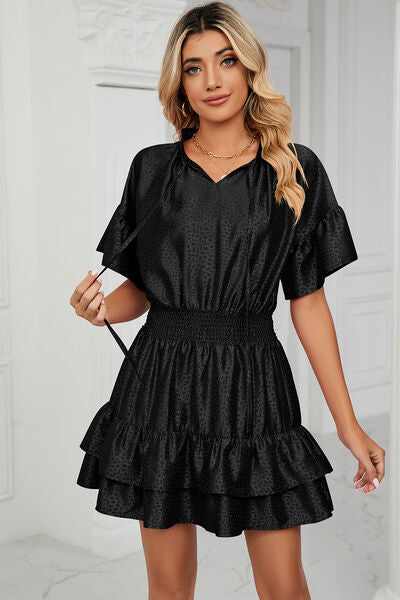 Smocked Tie Neck Flounce Sleeve Dress BLUE ZONE PLANET