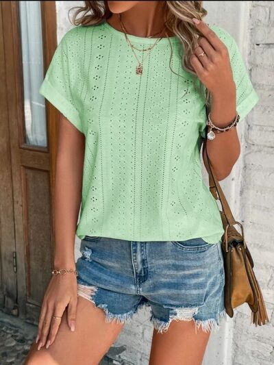 Blue Zone Planet | Eyelet Round Neck Short Sleeve T-Shirt BLUE ZONE PLANET