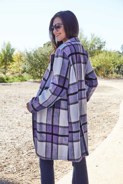 Double Take Full Size Plaid Button Up Lapel Collar Coat BLUE ZONE PLANET