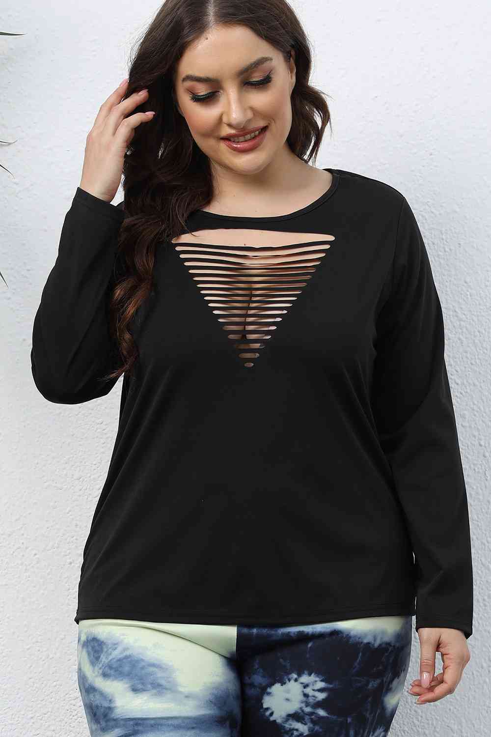 Plus Size Cutout Front Long Sleeve T-Shirt BLUE ZONE PLANET