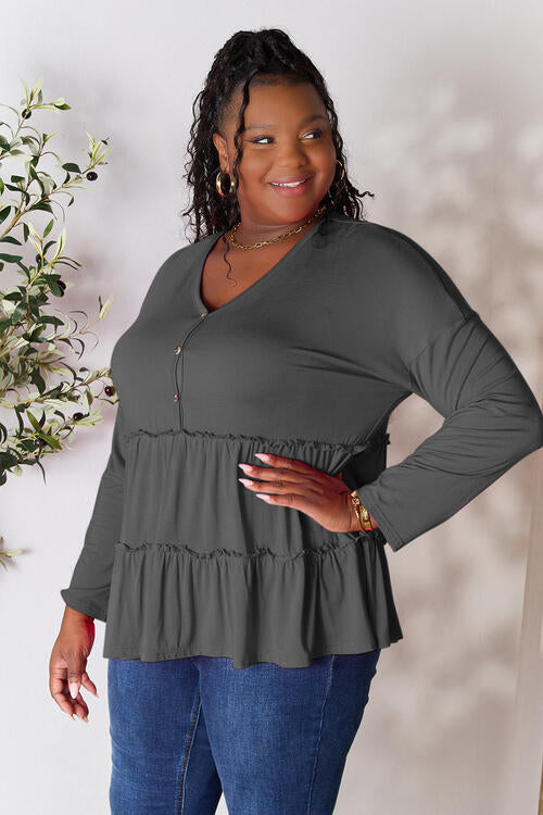 Double Take Half Button Long Sleeve Ruffle Hem Blouse BLUE ZONE PLANET