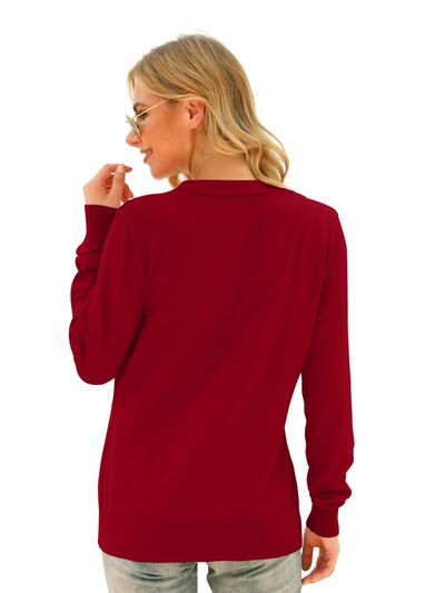 Button Up V-Neck Long Sleeve Cardigan Trendsi