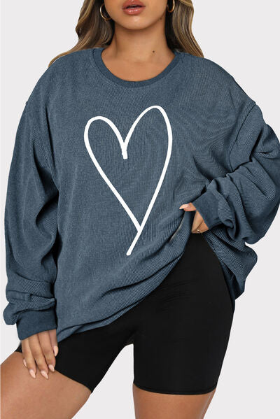 Blue Zone Planet | Plus Size Heart Ribbed Round Neck Sweatshirt BLUE ZONE PLANET