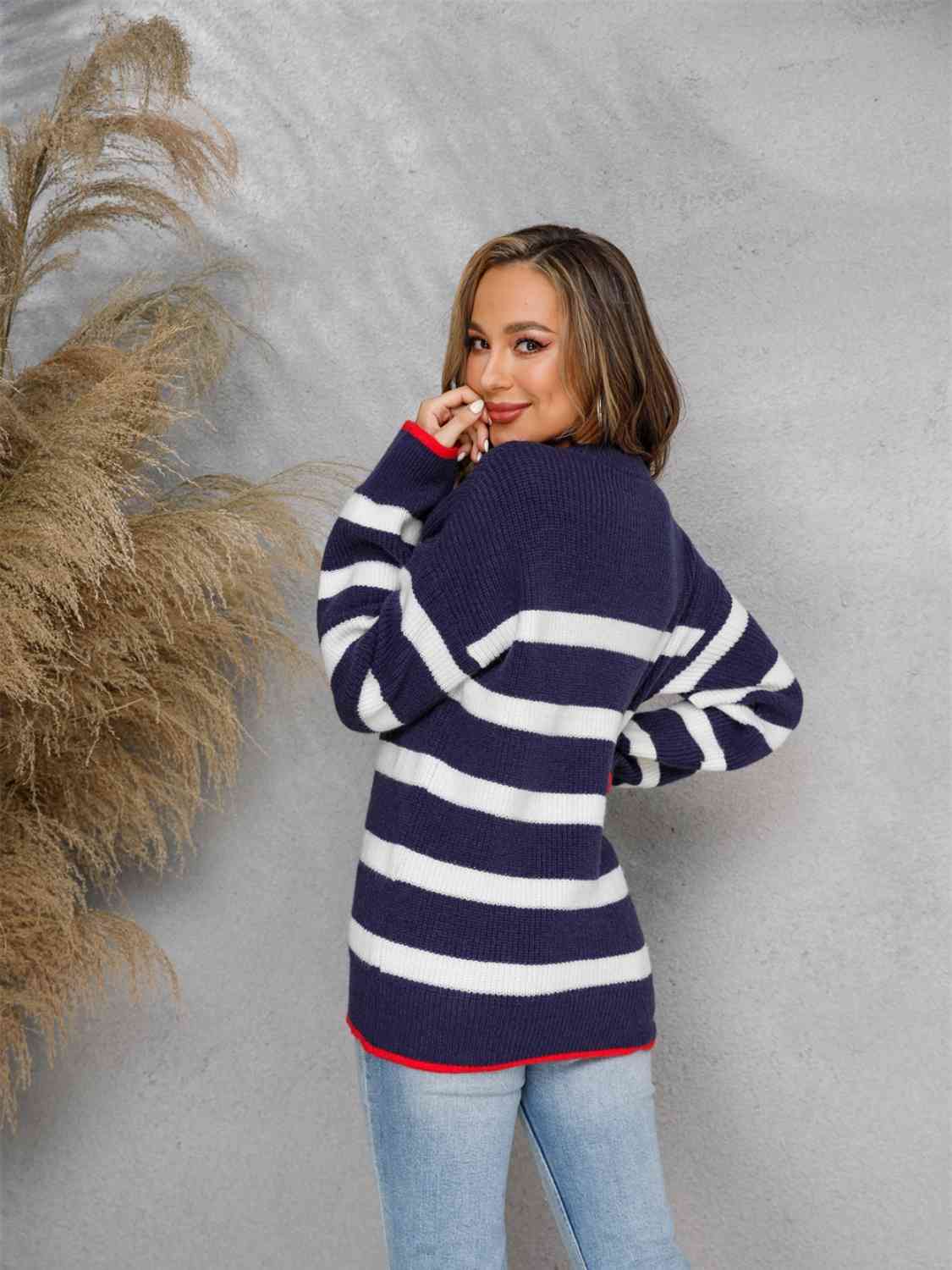 Striped Round Neck Dropped Shoulder Sweater BLUE ZONE PLANET