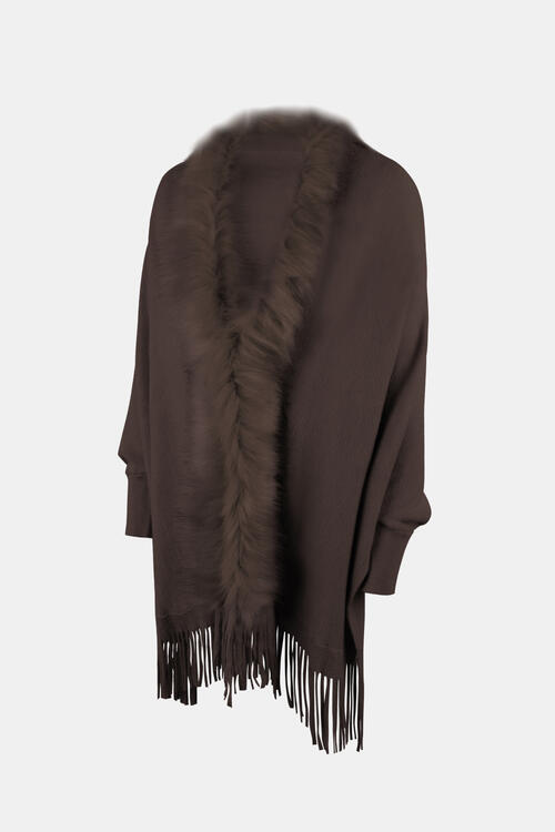 Fringe Open Front Long Sleeve Poncho BLUE ZONE PLANET