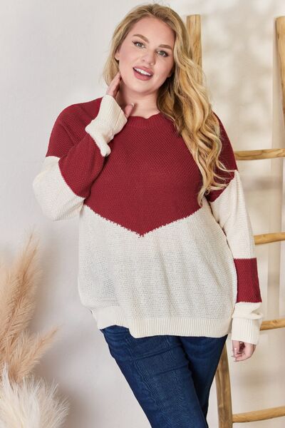Hailey & Co Full Size Color Block Dropped Shoulder Knit Top Trendsi