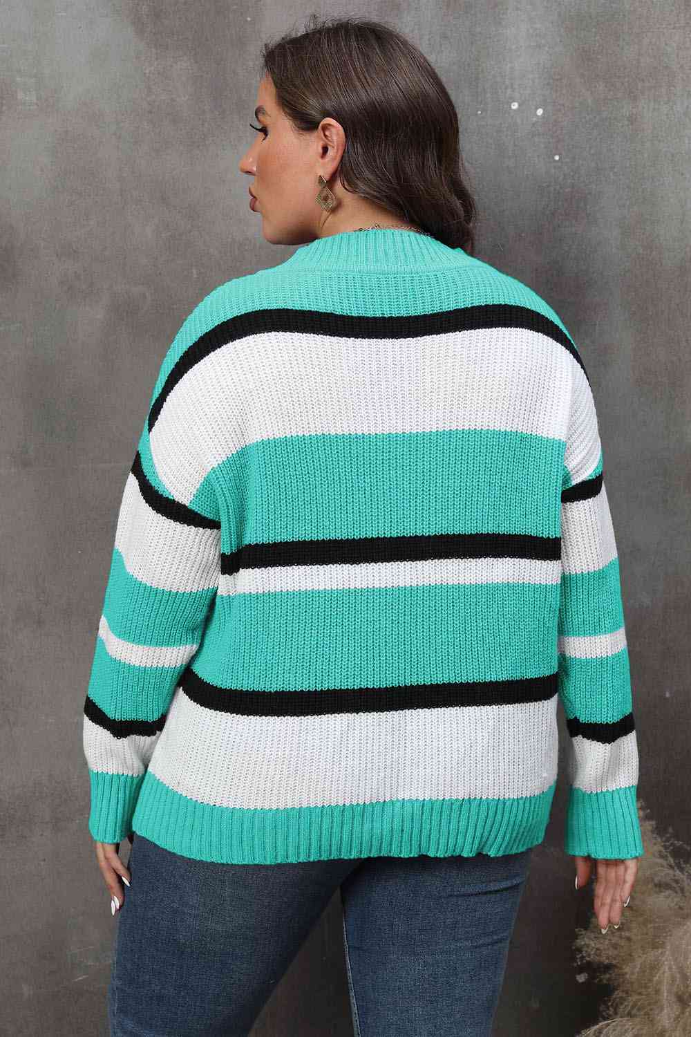Plus Size Striped V-Neck Dropped Shoulder Sweater BLUE ZONE PLANET