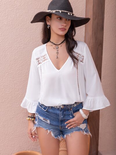 Blue Zone Planet | Cutout V-Neck Flounce Sleeve Blouse BLUE ZONE PLANET