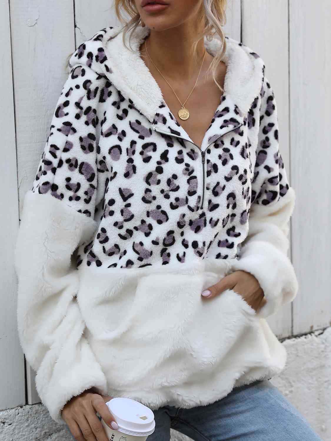 Blue Zone Planet | Leopard Half-Zip Dropped Shoulder Hoodie BLUE ZONE PLANET