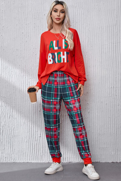 Christmas ALL IS BRIGHT Round Neck Top and Plaid Pants Lounge Set Trendsi
