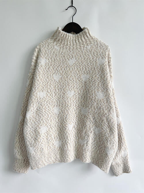 Blue Zone Planet | Heart Heathered Turtleneck Drop Shoulder Sweater BLUE ZONE PLANET