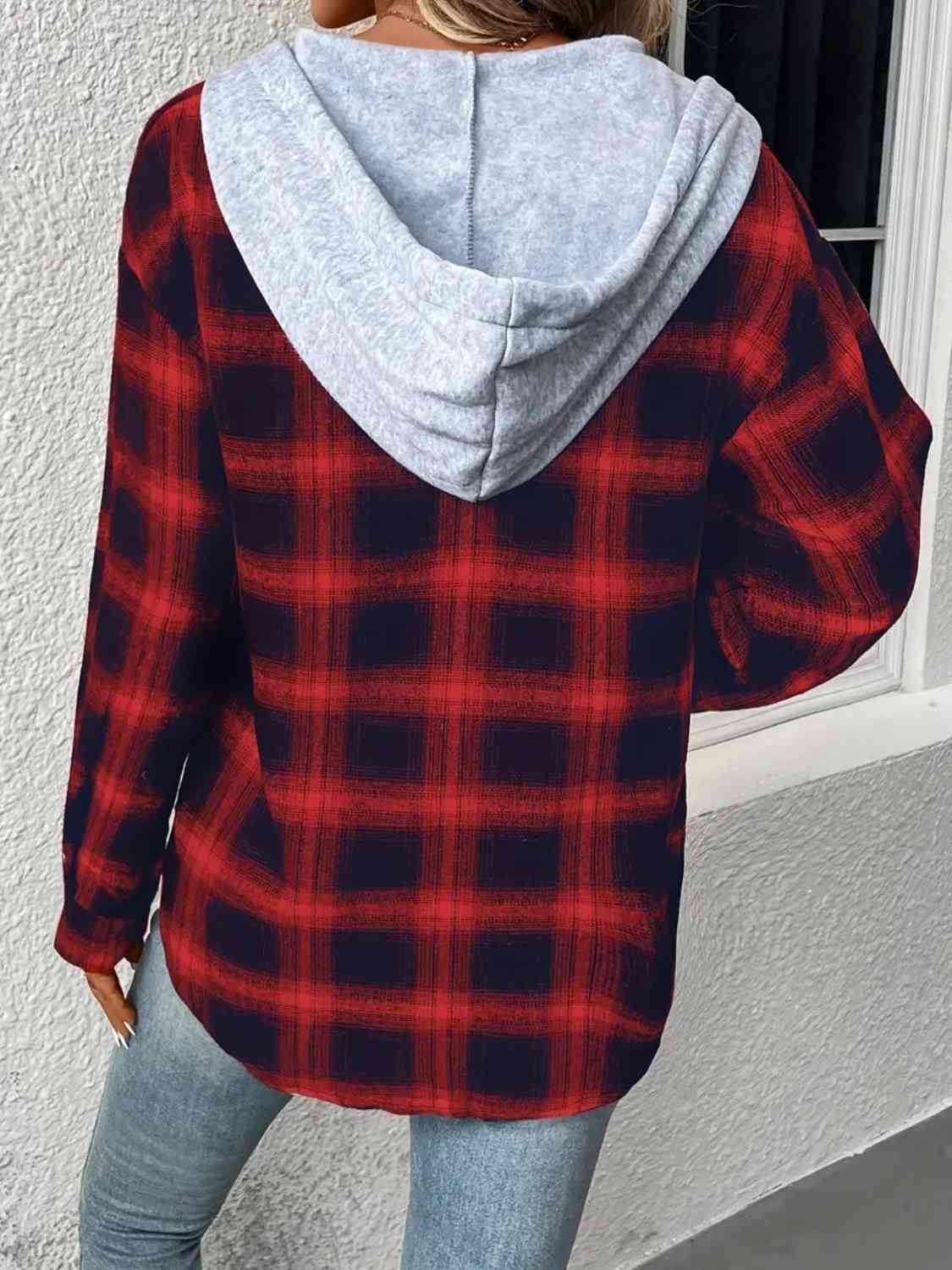 Plaid Drawstring Button Up Hooded Jacket BLUE ZONE PLANET