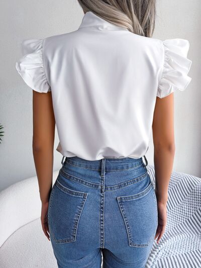 Tie Neck Cap Sleeve Blouse BLUE ZONE PLANET