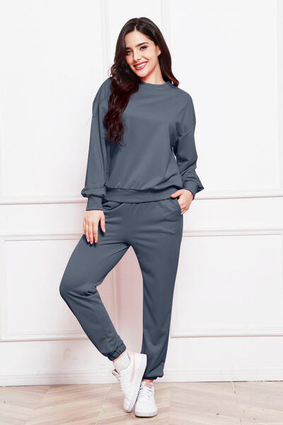 Blue Zone Planet | Round Neck Long Sleeve Sweatshirt and Pants Set BLUE ZONE PLANET