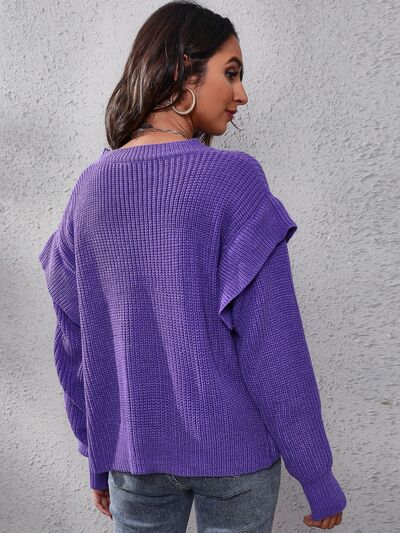 Ruffled Round Neck Dropped Shoulder Sweater BLUE ZONE PLANET