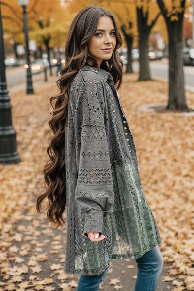 Blue Zone Planet | Openwork Button Up Long Sleeve Shacket BLUE ZONE PLANET