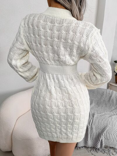 Blue Zone Planet | Cable-Knit Round Neck Mini Wrap Sweater Dress BLUE ZONE PLANET