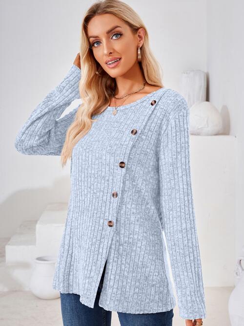Ribbed Buttoned Round Neck Slit T-Shirt BLUE ZONE PLANET