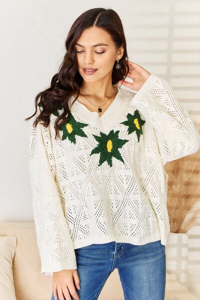 Blue Zone Planet | POL Floral Embroidered Pattern V-Neck Sweater BLUE ZONE PLANET