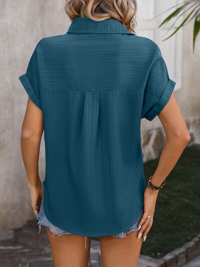 Textured Button Up Cap Sleeve Shirt Trendsi