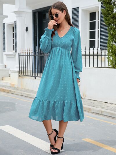 Swiss Dot V-Neck Smocked Lantern Sleeve Ruffle Hem Dress BLUE ZONE PLANET