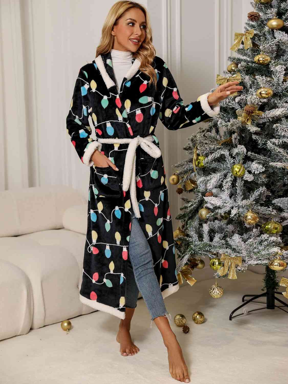 Tie Waist Hooded Robe BLUE ZONE PLANET