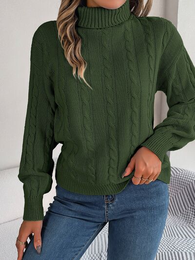 Blue Zone Planet | Cable-Knit Turtleneck Dropped Shoulder Sweater BLUE ZONE PLANET