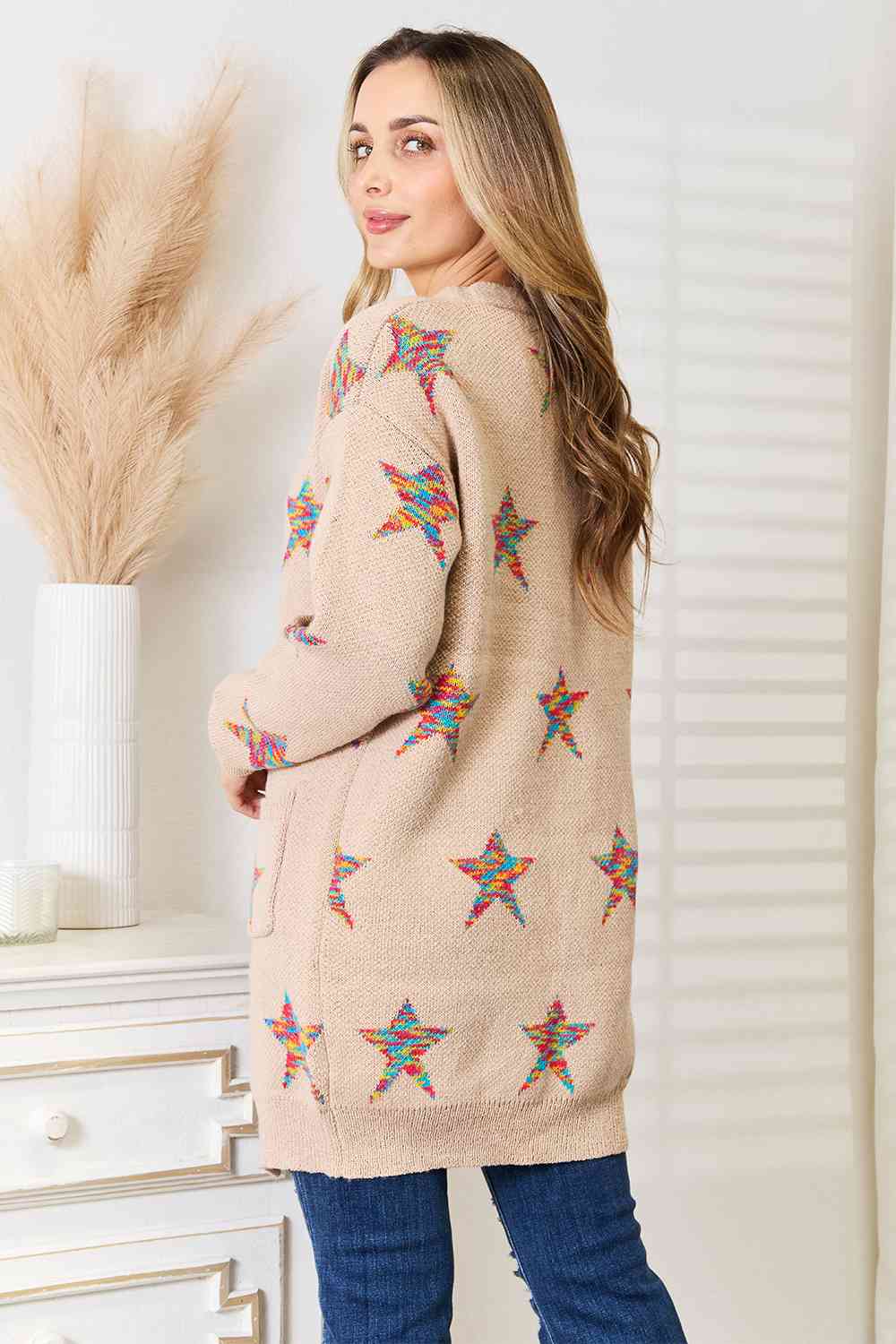 Double Take Star Pattern Open Front Longline Cardigan BLUE ZONE PLANET