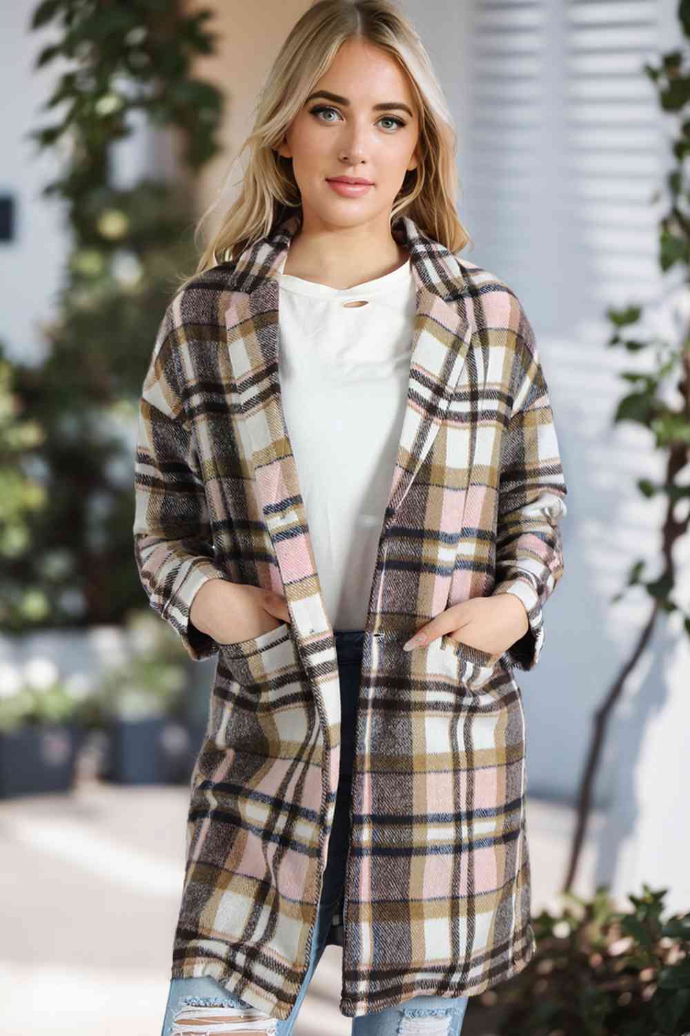 Plaid Longline Jacket with Pockets BLUE ZONE PLANET