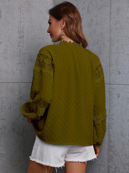 Crochet Tassel Tie Neck Long Sleeve Blouse BLUE ZONE PLANET
