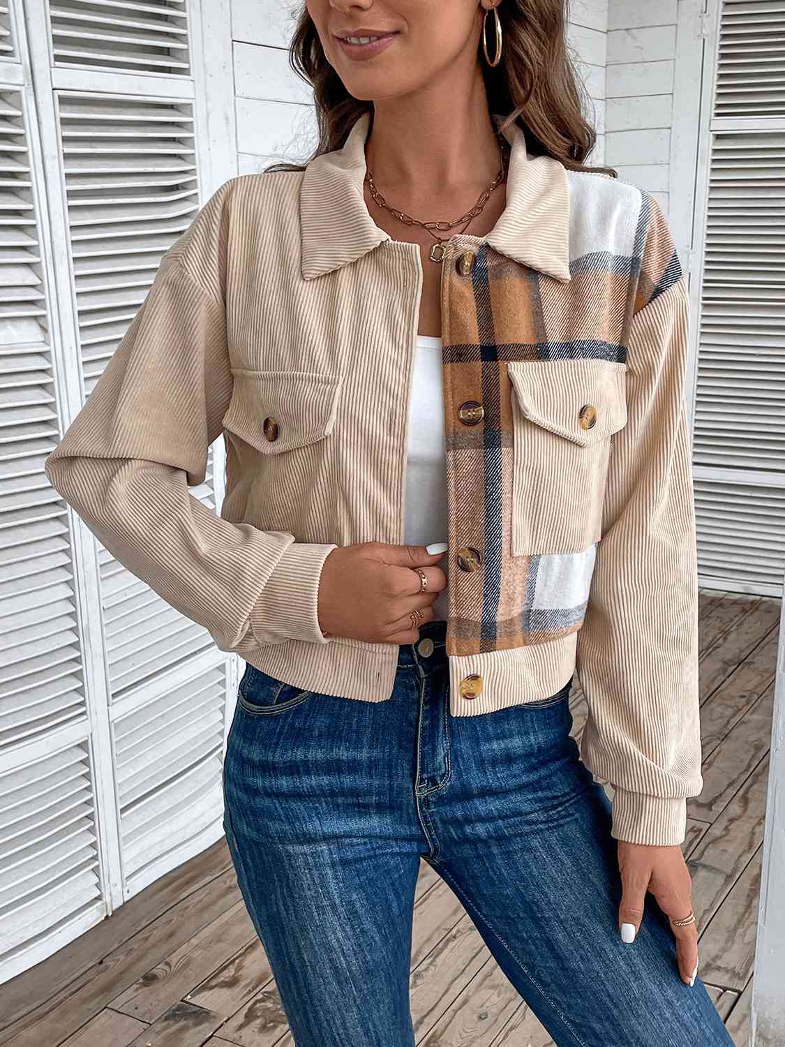 Color Block Collared Neck Button-Up Jacket BLUE ZONE PLANET