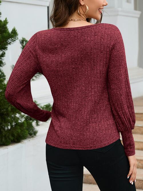 Ribbed Round Neck Lantern Sleeve Knit Top BLUE ZONE PLANET