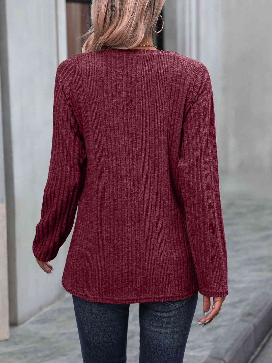 Ribbed Buttoned Round Neck Long Sleeve T-Shirt BLUE ZONE PLANET