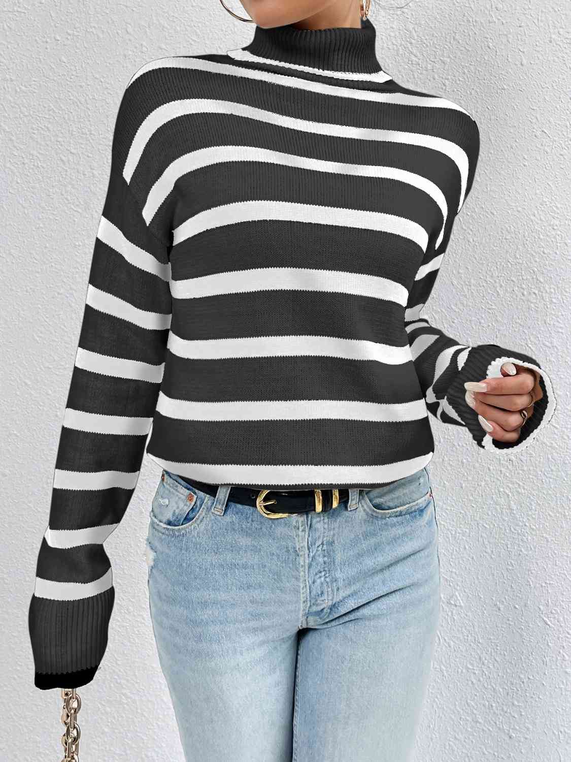 Striped Turtleneck Drop Shoulder Sweater BLUE ZONE PLANET