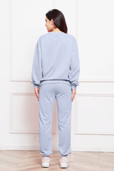 Blue Zone Planet | Round Neck Long Sleeve Sweatshirt and Pants Set BLUE ZONE PLANET