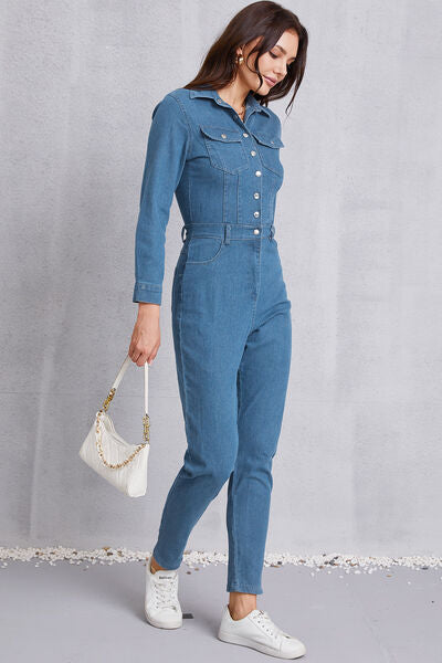 Blue Zone Planet |  Snap Down Denim Jumpsuit with Pockets BLUE ZONE PLANET