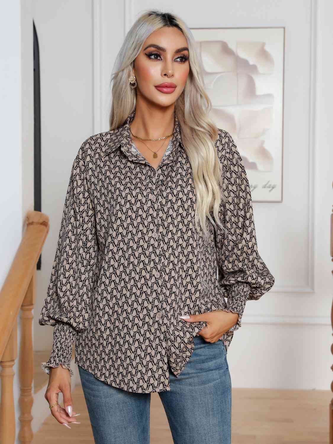 Printed Collared Neck Buttoned Dropped Shouder Shirt BLUE ZONE PLANET