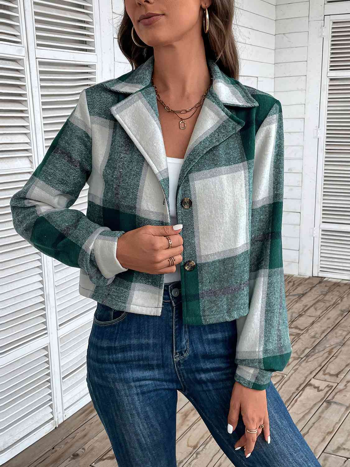 Plaid Collared Neck Button Up Long Sleeve Jacket BLUE ZONE PLANET