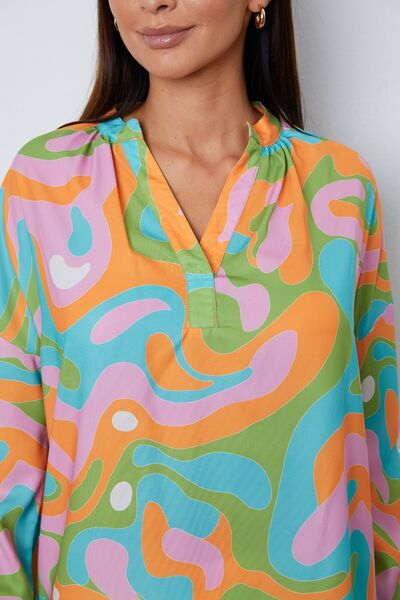 Printed Notched Long Sleeve Blouse BLUE ZONE PLANET
