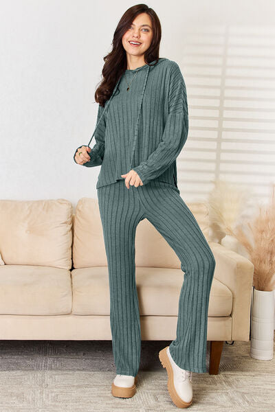 Blue Zone Planet | Basic Bae Full Size Ribbed Drawstring Hood Top and Straight Pants Set BLUE ZONE PLANET