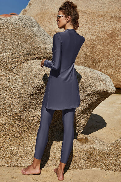 Blue Zone Planet |  Slit Mock Neck Long Sleeve Top and Pants Swim Set BLUE ZONE PLANET