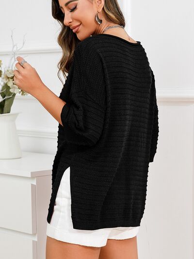 Blue Zone Planet | Rolled Round Neck Dropped Shoulder Slit Sweater BLUE ZONE PLANET