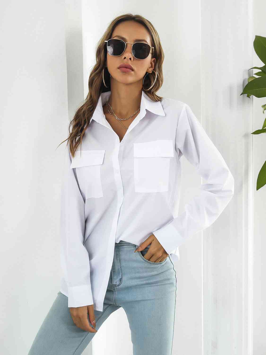 Collared Neck Buttoned Shirt with Pockets BLUE ZONE PLANET