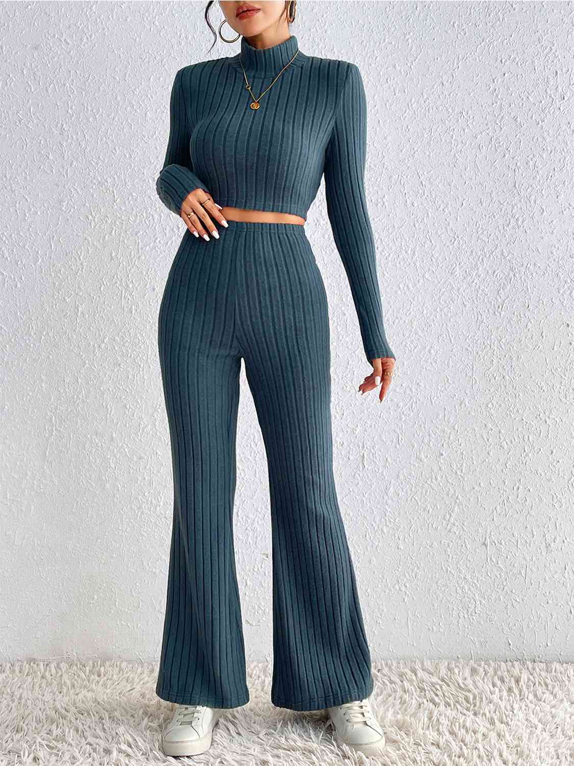 Ribbed Mock Neck Cropped Sweater & High Waist Pants Set BLUE ZONE PLANET