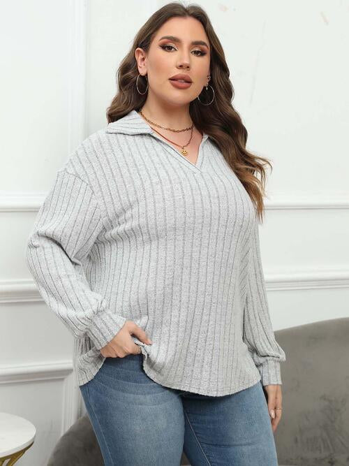 Plus Size Ribbed Collared Neck Long Sleeve Blouse BLUE ZONE PLANET